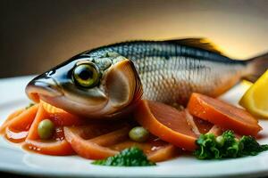 un' pesce è seduta su un' piatto con verdure. ai-generato foto