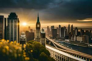 il sole imposta al di sopra di un' città orizzonte con un' orologio Torre nel il sfondo. ai-generato foto