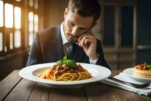 un' uomo nel un' completo da uomo è guardare a un' piatto di spaghetti. ai-generato foto