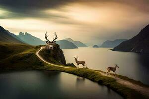 Due cervo camminare lungo un' sentiero vicino un' lago. ai-generato foto