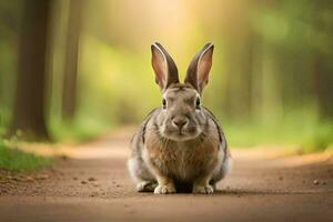 un' coniglio seduta su il strada nel il boschi. ai-generato foto