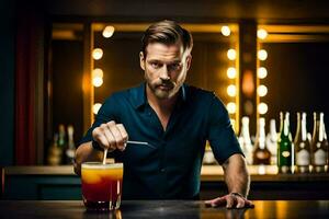 un' uomo è fabbricazione un' cocktail a un' sbarra. ai-generato foto