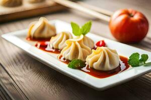 Ravioli su un' piatto con salsa e bacchette. ai-generato foto