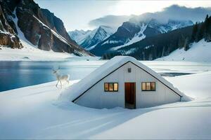 un' piccolo cabina nel il neve con un' cervo. ai-generato foto