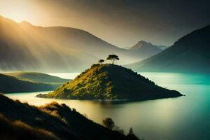 il sole brilla su un' solitario albero su un isola nel il mezzo di un' lago. ai-generato foto