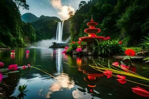 un' cascata e un' pagoda nel il mezzo di un' lago. ai-generato foto