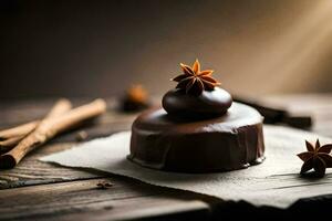 cioccolato torta con cannella e stella anice su un' di legno tavolo. ai-generato foto