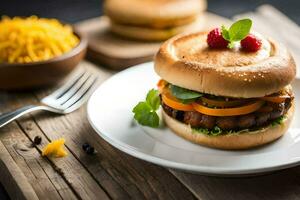 un' Hamburger con verdure e un' lato di Riso. ai-generato foto