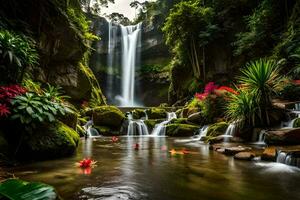 bellissimo cascata nel il giungla con fiori e cascate. ai-generato foto