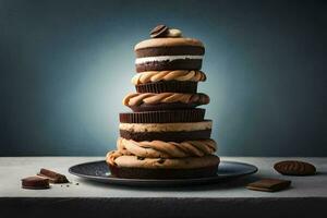 un' pila di cioccolato e arachide burro biscotti su un' piatto. ai-generato foto