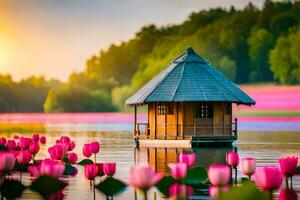 il Casa su il lago, rosa fiori, acqua, natura, HD sfondo. ai-generato foto