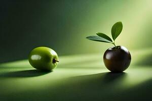 Due verde mele e uno nero Mela su un' verde sfondo. ai-generato foto