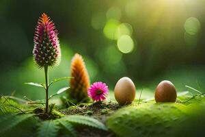 tre uova siamo seduta su il erba con un' fiore. ai-generato foto