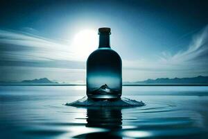 un' bottiglia di acqua nel il oceano con un' montagna nel il sfondo. ai-generato foto