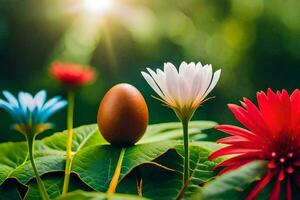 un uovo è seduta su un' verde foglia con fiori. ai-generato foto