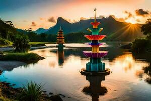 il sole imposta al di sopra di un' lago con colorato pagode. ai-generato foto