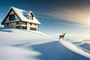 un' cervo sta nel davanti di un' Casa nel il neve. ai-generato foto