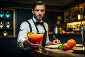 un' barista Tenere un' cocktail nel davanti di un' sbarra. ai-generato foto