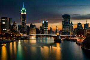 il città orizzonte a notte con il Manhattan ponte nel il primo piano. ai-generato foto