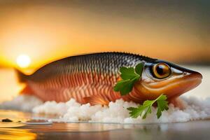 pesce con prezzemolo su il spiaggia a tramonto. ai-generato foto