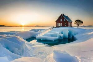 un' rosso Casa si siede su superiore di un iceberg nel il mezzo di il oceano. ai-generato foto