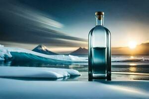 un' bottiglia di Vodka su il spiaggia con il sole ambientazione dietro a esso. ai-generato foto