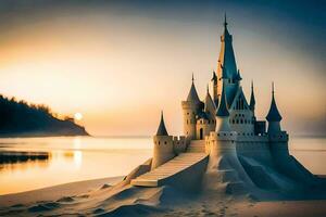 un' castello su il spiaggia a tramonto. ai-generato foto