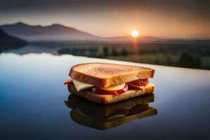 un' Sandwich con formaggio e pomodori su un' tavolo. ai-generato foto