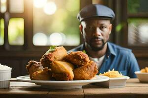 un' uomo seduta a un' tavolo con un' piatto di fritte pollo. ai-generato foto
