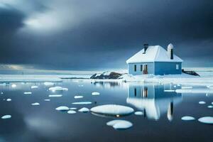 un' blu Casa si siede su il riva di un' congelato lago. ai-generato foto