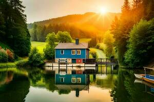 un' blu Casa si siede su il bordo di un' lago. ai-generato foto