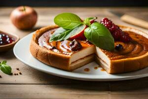 un' fetta di torta di formaggio su un' piatto. ai-generato foto