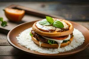 un' Hamburger con formaggio e pomodoro su un' piatto. ai-generato foto