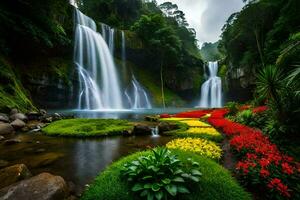 un' bellissimo cascata circondato di colorato fiori. ai-generato foto