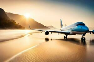 un' Jet aereo su il spiaggia a tramonto. ai-generato foto