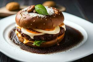 un' Hamburger con formaggio e salsa su un' bianca piatto. ai-generato foto