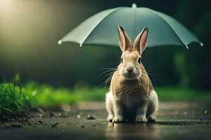 un' coniglio è seduta sotto un ombrello. ai-generato foto
