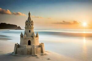 un' sabbia castello su il spiaggia a tramonto. ai-generato foto