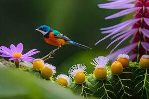 un' colorato uccello arroccato su un' pianta con viola fiori. ai-generato foto