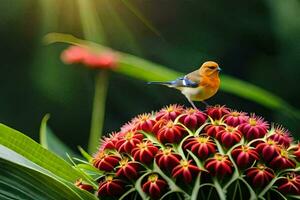 un' piccolo uccello è arroccato su superiore di un' fiore. ai-generato foto