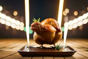 un' pollo è in piedi su un' vassoio con luci dietro a esso. ai-generato foto