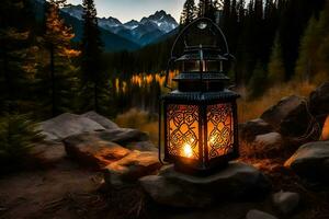 un' lanterna è illuminato su un' roccia nel il mezzo di un' foresta. ai-generato foto