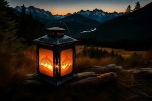 lanterna nel il montagne a tramonto. ai-generato foto