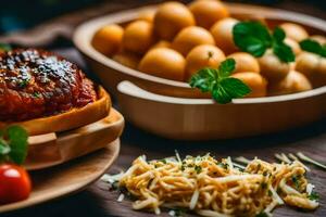 un' piatto di cibo con carne, verdure e pasta. ai-generato foto