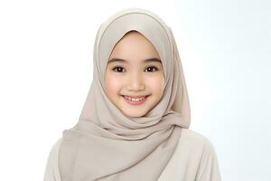 hijab donna con Sorridi viso. isolato su bianca sfondo ai generato foto