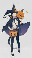 preparazione per Halloween un' giovane ragazzo e il suo zucca nel anime stile con semplice sfondo foto