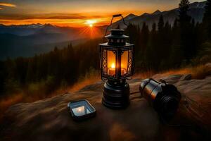 un' lanterna e un' telecamera su superiore di un' montagna. ai-generato foto