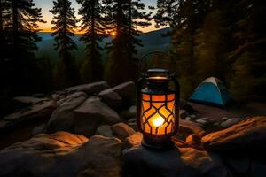 un' lanterna è illuminato su nel il boschi a tramonto. ai-generato foto