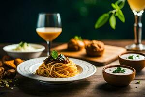 spaghetti e Polpette su un' piatto. ai-generato foto