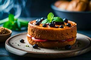 un' torta con mirtilli e menta su un' di legno piatto. ai-generato foto